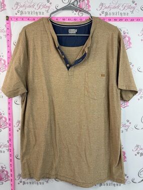 Kolby T-shirt top brown tan Short-Sleeve Henley Polo in Tan with Navy Trim